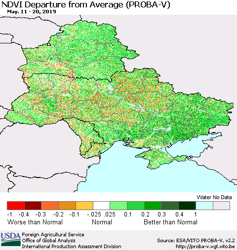 Ukraine, Moldova and Belarus NDVI Departure from Average (PROBA-V) Thematic Map For 5/11/2019 - 5/20/2019
