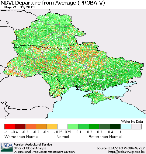 Ukraine, Moldova and Belarus NDVI Departure from Average (PROBA-V) Thematic Map For 5/21/2019 - 5/31/2019