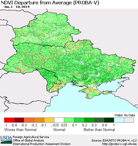 Ukraine, Moldova and Belarus NDVI Departure from Average (PROBA-V) Thematic Map For 6/1/2019 - 6/10/2019