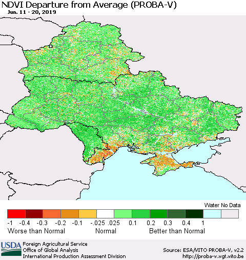 Ukraine, Moldova and Belarus NDVI Departure from Average (PROBA-V) Thematic Map For 6/11/2019 - 6/20/2019