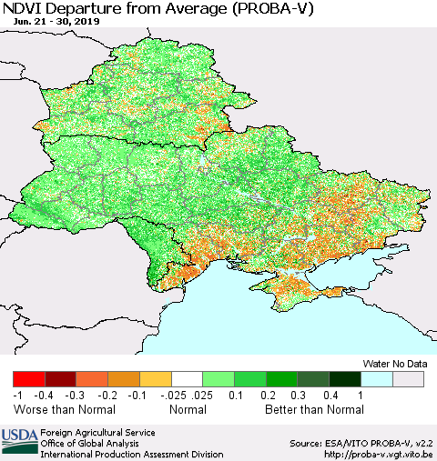 Ukraine, Moldova and Belarus NDVI Departure from Average (PROBA-V) Thematic Map For 6/21/2019 - 6/30/2019
