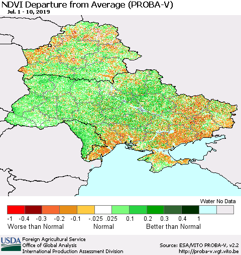 Ukraine, Moldova and Belarus NDVI Departure from Average (PROBA-V) Thematic Map For 7/1/2019 - 7/10/2019