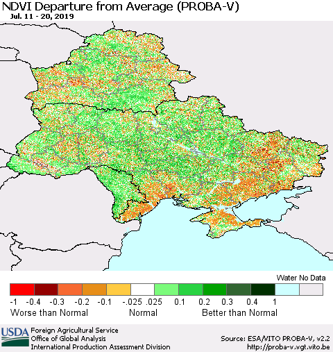 Ukraine, Moldova and Belarus NDVI Departure from Average (PROBA-V) Thematic Map For 7/11/2019 - 7/20/2019