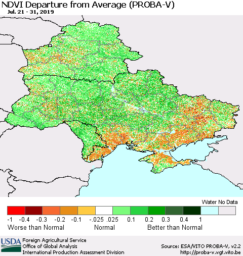 Ukraine, Moldova and Belarus NDVI Departure from Average (PROBA-V) Thematic Map For 7/21/2019 - 7/31/2019