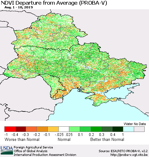 Ukraine, Moldova and Belarus NDVI Departure from Average (PROBA-V) Thematic Map For 8/1/2019 - 8/10/2019