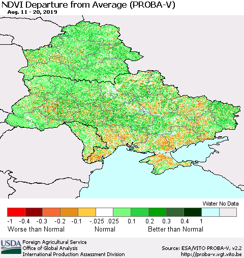 Ukraine, Moldova and Belarus NDVI Departure from Average (PROBA-V) Thematic Map For 8/11/2019 - 8/20/2019