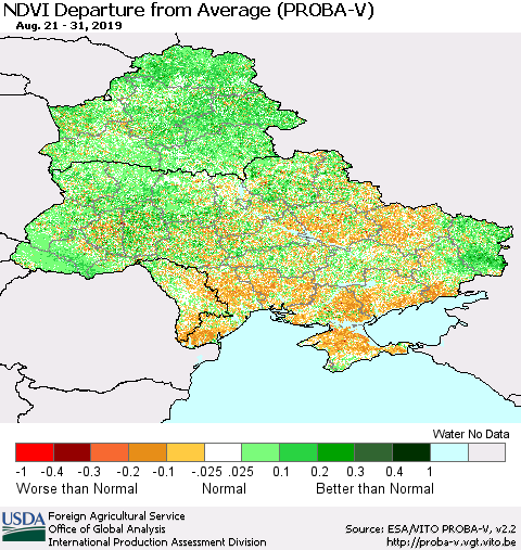 Ukraine, Moldova and Belarus NDVI Departure from Average (PROBA-V) Thematic Map For 8/21/2019 - 8/31/2019