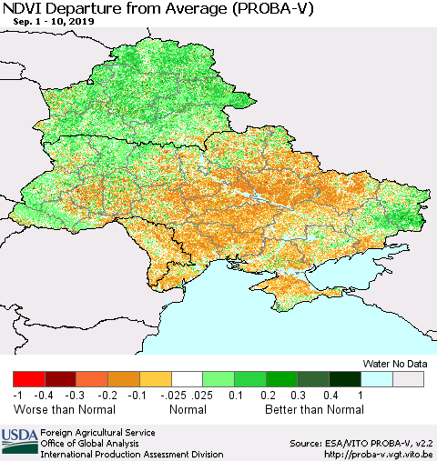 Ukraine, Moldova and Belarus NDVI Departure from Average (PROBA-V) Thematic Map For 9/1/2019 - 9/10/2019