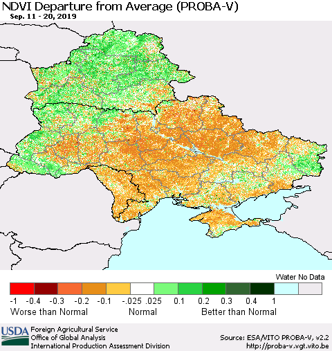 Ukraine, Moldova and Belarus NDVI Departure from Average (PROBA-V) Thematic Map For 9/11/2019 - 9/20/2019