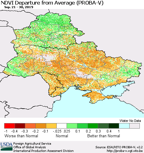 Ukraine, Moldova and Belarus NDVI Departure from Average (PROBA-V) Thematic Map For 9/21/2019 - 9/30/2019