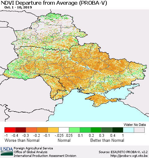 Ukraine, Moldova and Belarus NDVI Departure from Average (PROBA-V) Thematic Map For 10/1/2019 - 10/10/2019