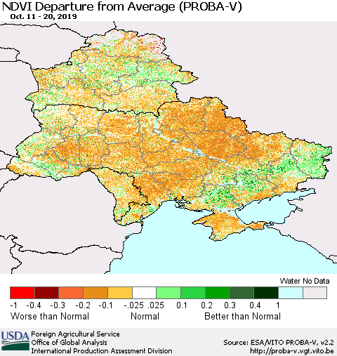 Ukraine, Moldova and Belarus NDVI Departure from Average (PROBA-V) Thematic Map For 10/11/2019 - 10/20/2019