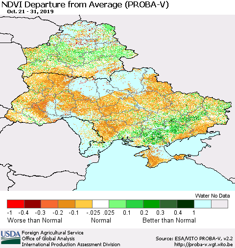 Ukraine, Moldova and Belarus NDVI Departure from Average (PROBA-V) Thematic Map For 10/21/2019 - 10/31/2019