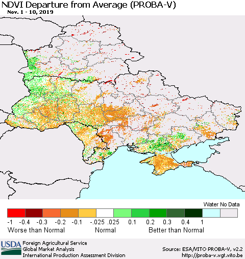 Ukraine, Moldova and Belarus NDVI Departure from Average (PROBA-V) Thematic Map For 11/1/2019 - 11/10/2019