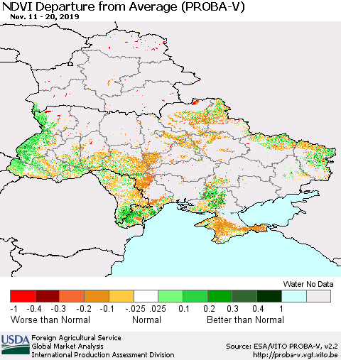 Ukraine, Moldova and Belarus NDVI Departure from Average (PROBA-V) Thematic Map For 11/11/2019 - 11/20/2019