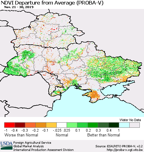 Ukraine, Moldova and Belarus NDVI Departure from Average (PROBA-V) Thematic Map For 11/21/2019 - 11/30/2019