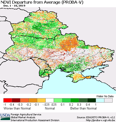 Ukraine, Moldova and Belarus NDVI Departure from Average (PROBA-V) Thematic Map For 12/1/2019 - 12/10/2019