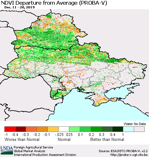 Ukraine, Moldova and Belarus NDVI Departure from Average (PROBA-V) Thematic Map For 12/11/2019 - 12/20/2019