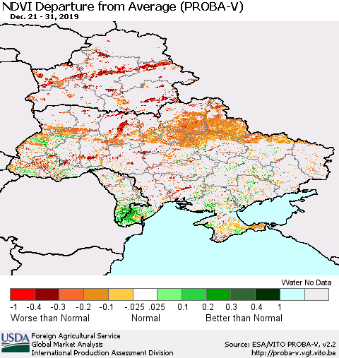 Ukraine, Moldova and Belarus NDVI Departure from Average (PROBA-V) Thematic Map For 12/21/2019 - 12/31/2019