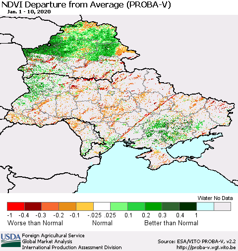 Ukraine, Moldova and Belarus NDVI Departure from Average (PROBA-V) Thematic Map For 1/1/2020 - 1/10/2020