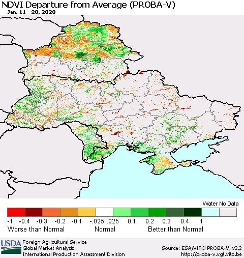 Ukraine, Moldova and Belarus NDVI Departure from Average (PROBA-V) Thematic Map For 1/11/2020 - 1/20/2020