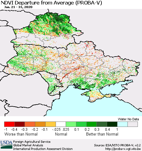 Ukraine, Moldova and Belarus NDVI Departure from Average (PROBA-V) Thematic Map For 1/21/2020 - 1/31/2020