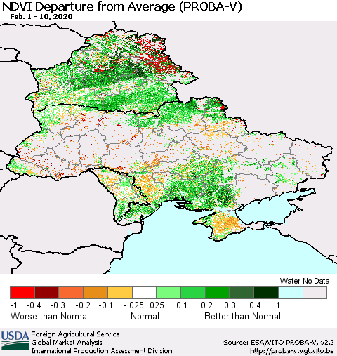 Ukraine, Moldova and Belarus NDVI Departure from Average (PROBA-V) Thematic Map For 2/1/2020 - 2/10/2020