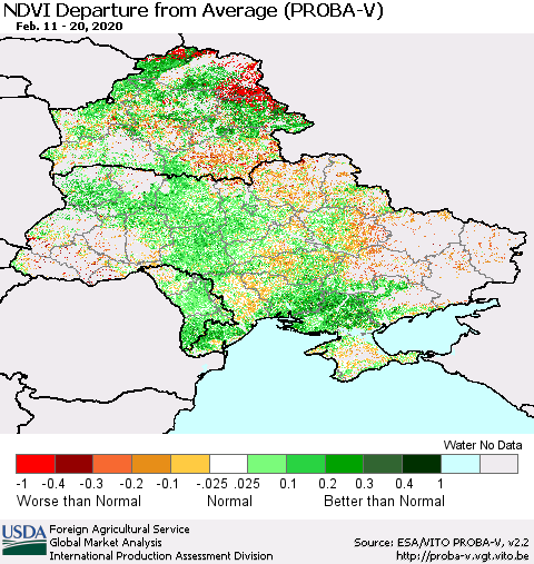 Ukraine, Moldova and Belarus NDVI Departure from Average (PROBA-V) Thematic Map For 2/11/2020 - 2/20/2020