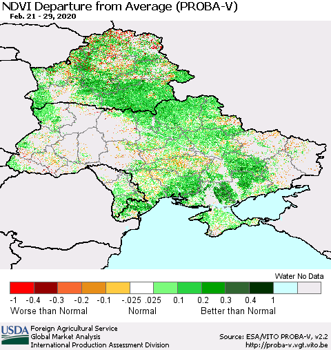 Ukraine, Moldova and Belarus NDVI Departure from Average (PROBA-V) Thematic Map For 2/21/2020 - 2/29/2020