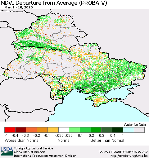 Ukraine, Moldova and Belarus NDVI Departure from Average (PROBA-V) Thematic Map For 3/1/2020 - 3/10/2020