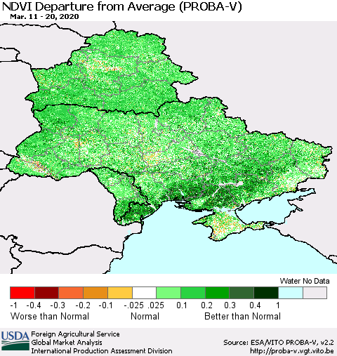 Ukraine, Moldova and Belarus NDVI Departure from Average (PROBA-V) Thematic Map For 3/11/2020 - 3/20/2020