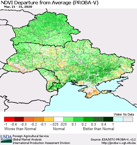 Ukraine, Moldova and Belarus NDVI Departure from Average (PROBA-V) Thematic Map For 3/21/2020 - 3/31/2020