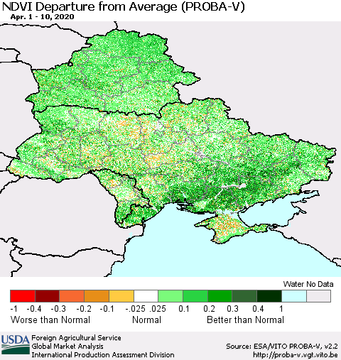 Ukraine, Moldova and Belarus NDVI Departure from Average (PROBA-V) Thematic Map For 4/1/2020 - 4/10/2020