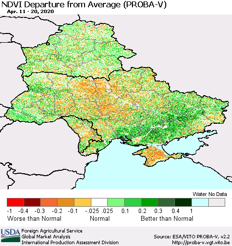 Ukraine, Moldova and Belarus NDVI Departure from Average (PROBA-V) Thematic Map For 4/11/2020 - 4/20/2020