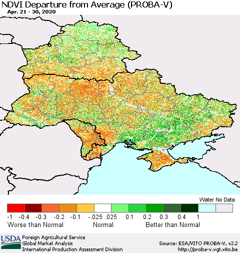 Ukraine, Moldova and Belarus NDVI Departure from Average (PROBA-V) Thematic Map For 4/21/2020 - 4/30/2020