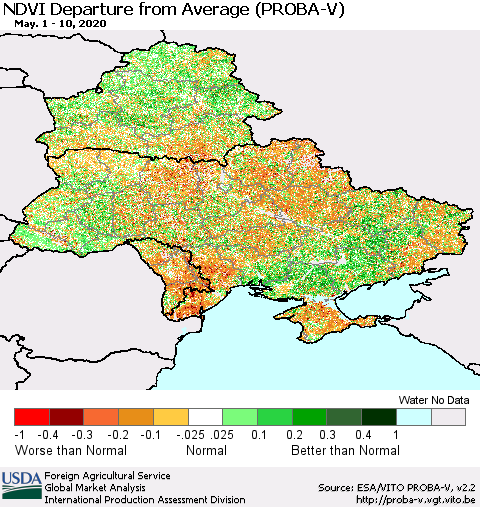 Ukraine, Moldova and Belarus NDVI Departure from Average (PROBA-V) Thematic Map For 5/1/2020 - 5/10/2020