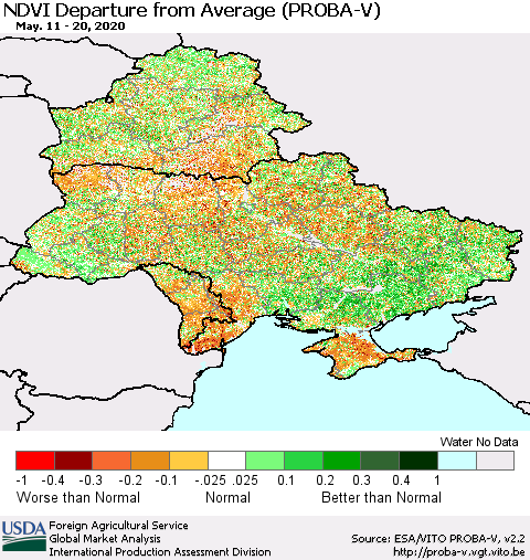 Ukraine, Moldova and Belarus NDVI Departure from Average (PROBA-V) Thematic Map For 5/11/2020 - 5/20/2020