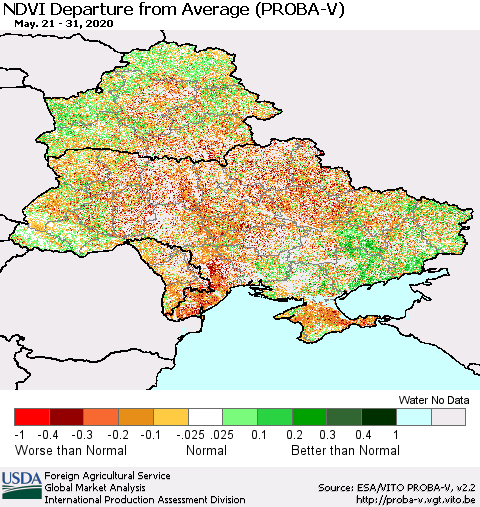 Ukraine, Moldova and Belarus NDVI Departure from Average (PROBA-V) Thematic Map For 5/21/2020 - 5/31/2020