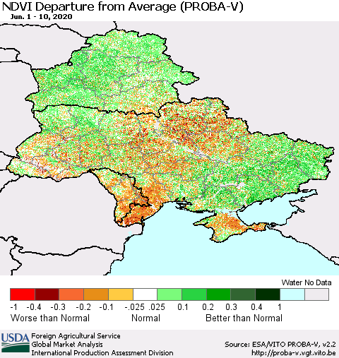 Ukraine, Moldova and Belarus NDVI Departure from Average (PROBA-V) Thematic Map For 6/1/2020 - 6/10/2020