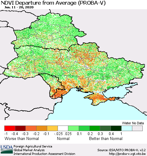 Ukraine, Moldova and Belarus NDVI Departure from Average (PROBA-V) Thematic Map For 6/11/2020 - 6/20/2020