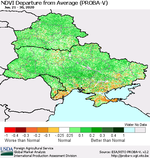Ukraine, Moldova and Belarus NDVI Departure from Average (PROBA-V) Thematic Map For 6/21/2020 - 6/30/2020