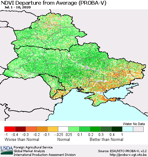 Ukraine, Moldova and Belarus NDVI Departure from Average (PROBA-V) Thematic Map For 7/1/2020 - 7/10/2020