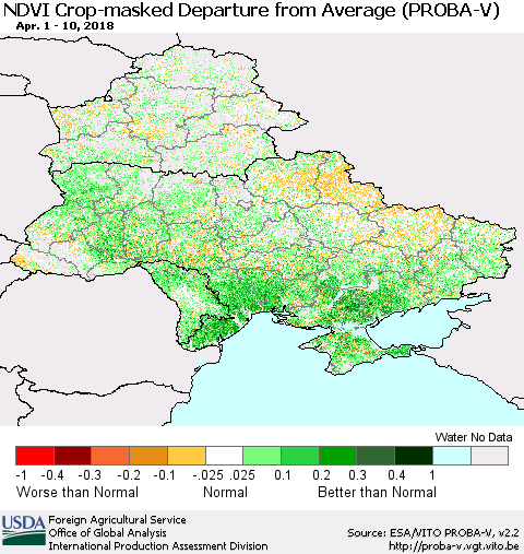 Ukraine, Moldova and Belarus NDVI Crop-masked Departure from Average (PROBA-V) Thematic Map For 4/1/2018 - 4/10/2018