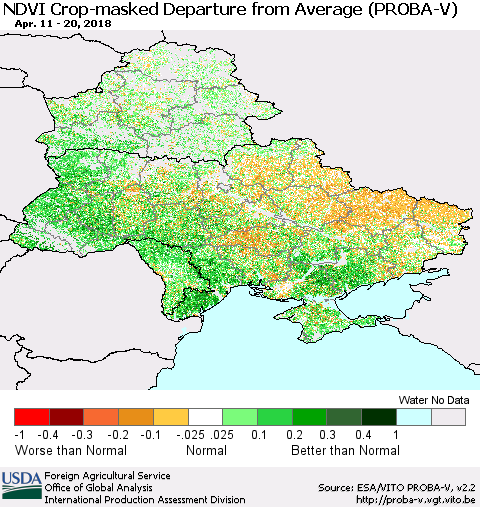 Ukraine, Moldova and Belarus NDVI Crop-masked Departure from Average (PROBA-V) Thematic Map For 4/11/2018 - 4/20/2018
