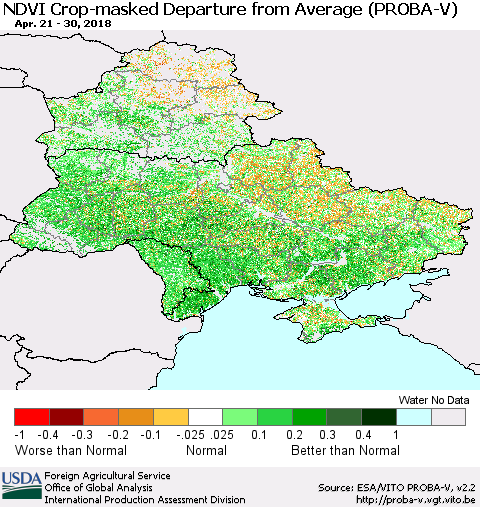 Ukraine, Moldova and Belarus NDVI Crop-masked Departure from Average (PROBA-V) Thematic Map For 4/21/2018 - 4/30/2018