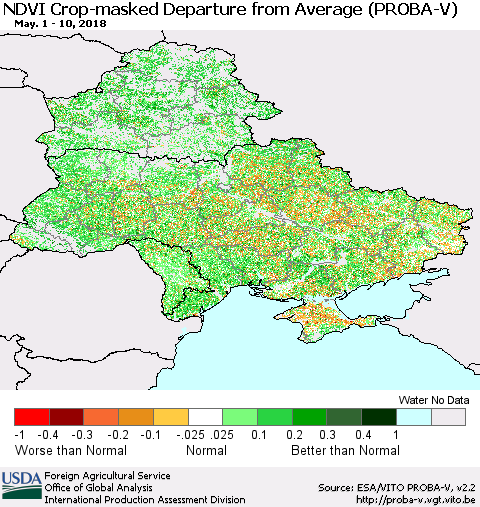 Ukraine, Moldova and Belarus NDVI Crop-masked Departure from Average (PROBA-V) Thematic Map For 5/1/2018 - 5/10/2018