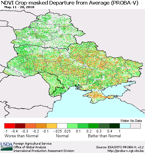 Ukraine, Moldova and Belarus NDVI Crop-masked Departure from Average (PROBA-V) Thematic Map For 5/11/2018 - 5/20/2018