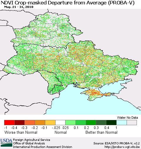 Ukraine, Moldova and Belarus NDVI Crop-masked Departure from Average (PROBA-V) Thematic Map For 5/21/2018 - 5/31/2018