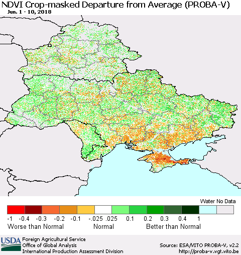 Ukraine, Moldova and Belarus NDVI Crop-masked Departure from Average (PROBA-V) Thematic Map For 6/1/2018 - 6/10/2018