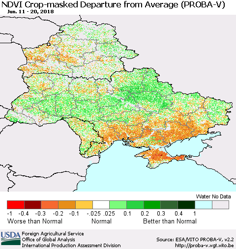 Ukraine, Moldova and Belarus NDVI Crop-masked Departure from Average (PROBA-V) Thematic Map For 6/11/2018 - 6/20/2018